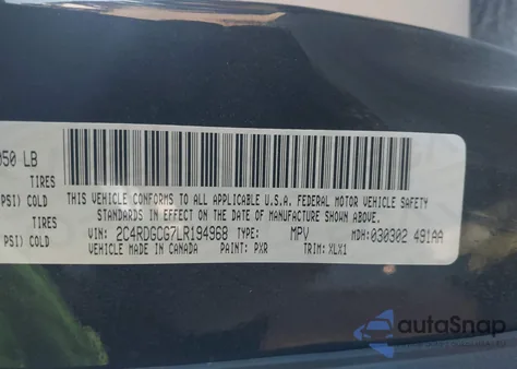 2020 Dodge Grand Caravan Sxt из США, поврежденный, VIN 2C4RDGCG7LR194968